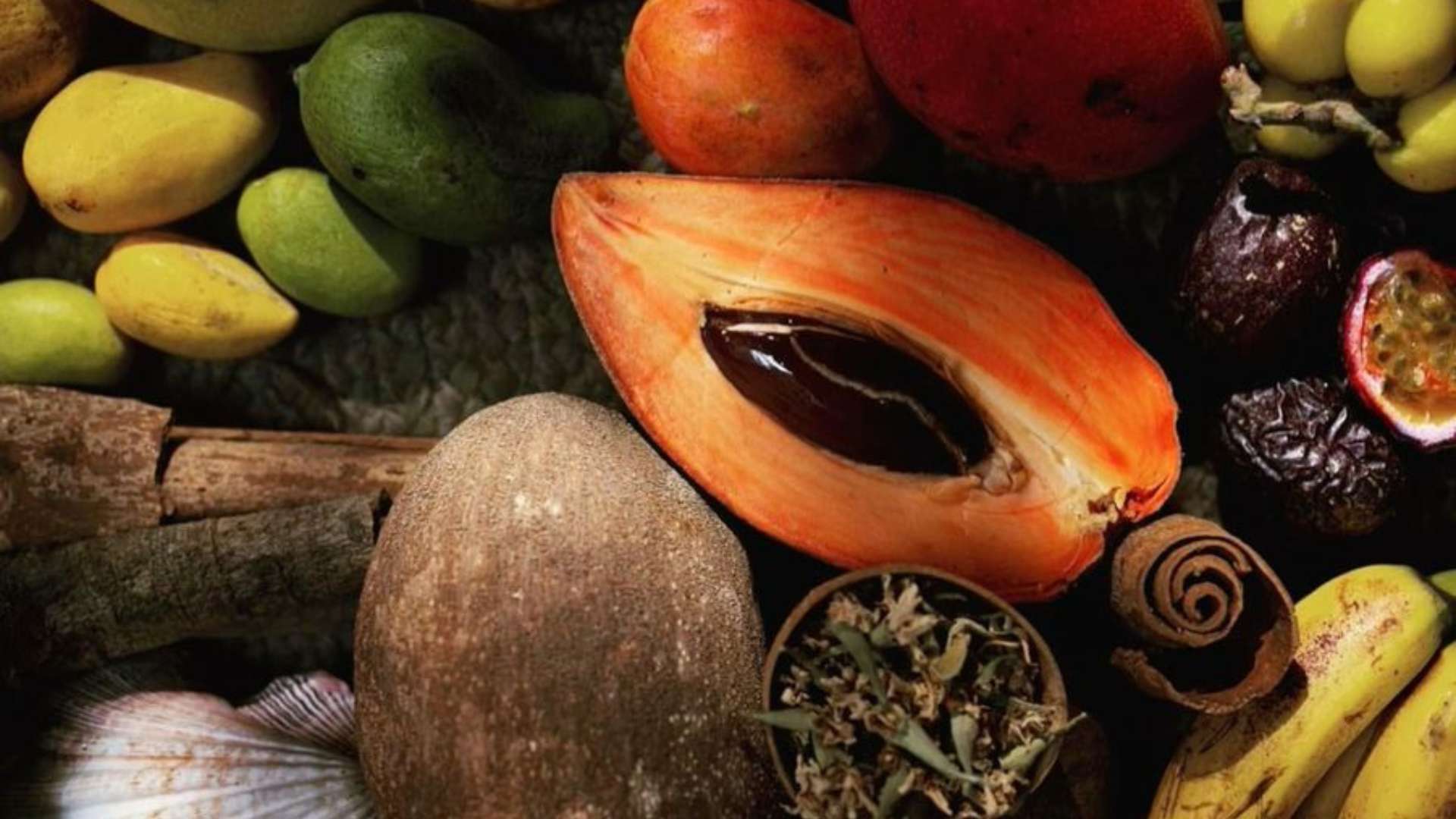 Abundance of fresh tropical fruits and spices